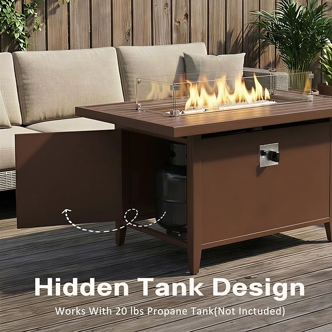 43 Aluminum Propane Fire Pit Table with 55000 BTU Rectangle Outdoor Gas Fire Table with Glass Wind Guard Glass Stones &amp Waterproof Cover Patio Fire Table for Backyard Deck Garden Brown