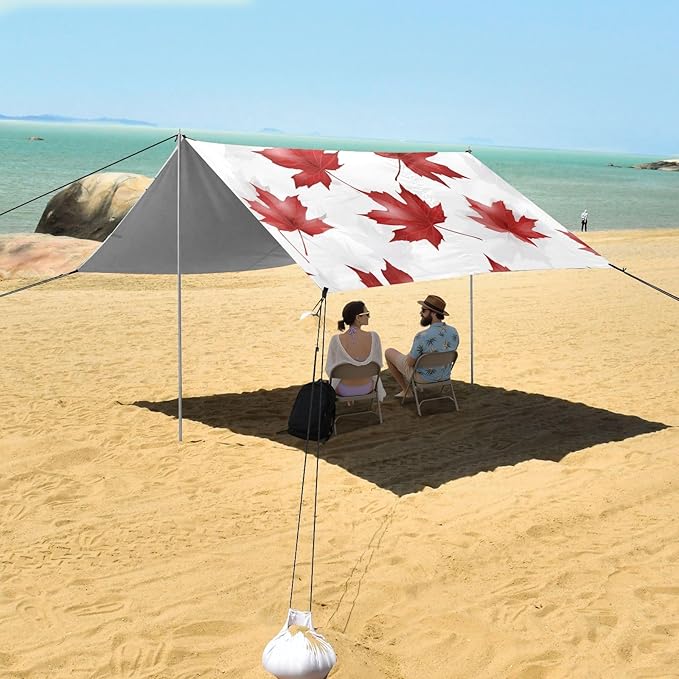 Canadian Red Maple Leaf Beach Cabana Tent UPF50+ Easy Setup Sun Shelter with Sand Pockets for Backyard and Camping