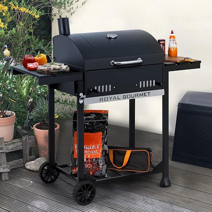 Royal Gourmet CD1824ET Movable Charcoal BBQ Grill with Foldable Side Tables Outdoor Barbecue Grill with 470 Sq. In. Cooking Area for Outdoor Picnic and Camping Grilling Black