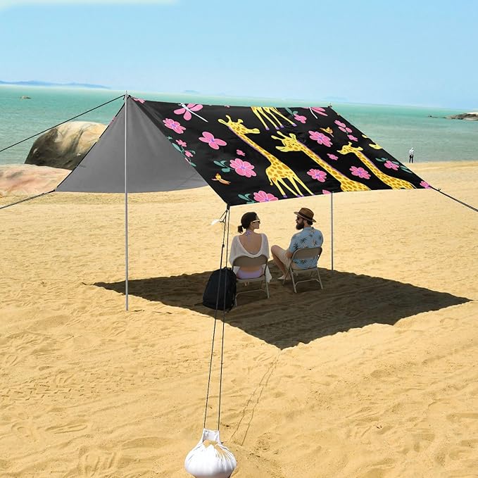 Beach Canopy with Windproof Ropes &amp Sandbags Beach Tent Sun Shade Sun Shelter for Camping Trips Fishing Backyard Fun or Picnics Giraffes