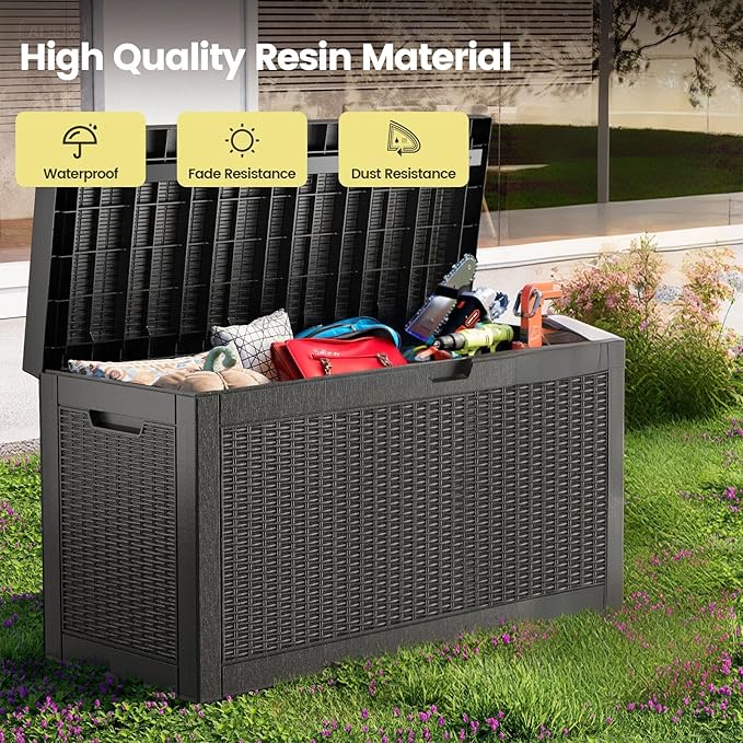 Zapdos Outdoor Storage Box 60 Gallon Deck Box Indoor and Outdoor Use Waterproof Resin Rattan Storage Bin for Package Storage Patio Cushions Gardening Tools Fade Resistant Lockable Black