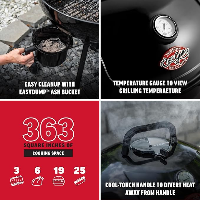 Char-Griller CG30040725 22-inch Kettle Charcoal Grill and Smoker - Steel Black - 363 sq. in. Cooking Area