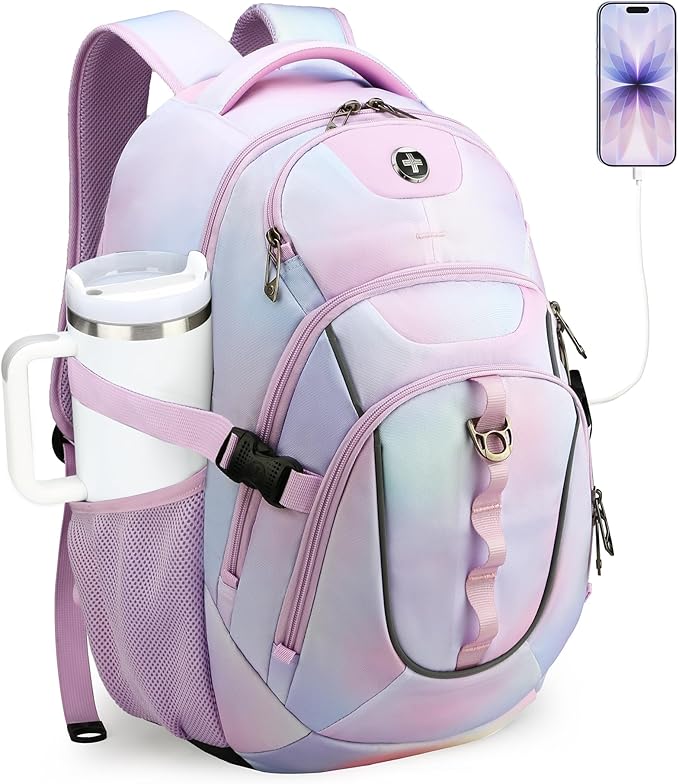 Swissdigital Laptop Backpack with USB Charging Port Travel Backpack Fits 15.6 inches Computer 31L Backpack for Women Pink Purple | SD803-104