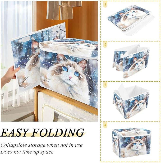 senya Winter Baskets Collapsible Storage Bins with Lids Ragdoll Cat in The Snow Storage Boxes Clothes Baskets for Organizing