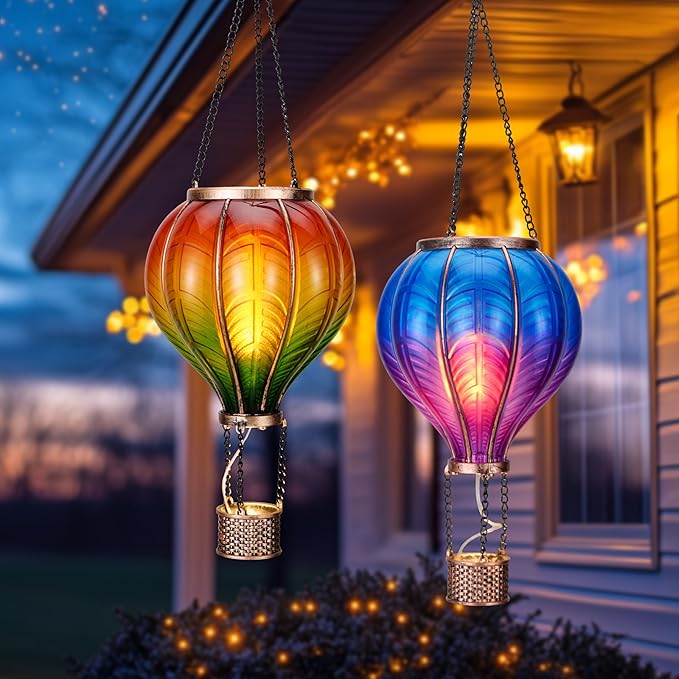 TERESA'S COLLECTIONS 2 Pack Hanging Solar Lantern Outdoor Garden Decor for Valentine Waterproof Plastic Hot Air Balloon Orange Flickering Flame Effect Lantern for Yard TreeGift for Mom18