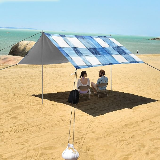 Cornflowerblue Checked Hand-Drawn Sketch Foldable Beach Canopy UPF50+ Lightweight Large Portable Sun Shelter with Sandbags Sand Shovel Poles for Camping Picnics Backyard
