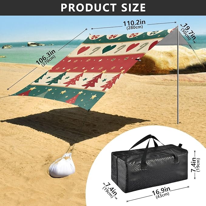 ALAZA Christmas Tree Love Pattern Beach Tent Sun Shelter Portable Canopy Sunshade for Outdoor Camping Picnics Backyard Fun 10x9 ft