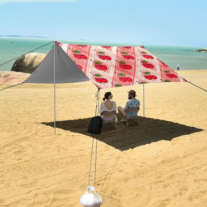 xigua Cherry Beach Tent Sun Shelter with Carrying Bag - Silver Coated Oxford Fabric Beach Canopy for Beach Camping Fishing - Includes Windproof Ropes Sandbags &amp Stakes