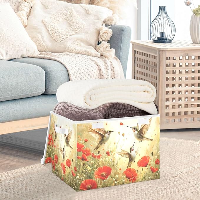Collapsible Storage Bins with Lids Decorative Fabric Storage Cubes Closet Organizer and Storage Basket Boxes Containers for Clothes Box Chest Nursery Folding Rectangle Yellow Hummingbirds and