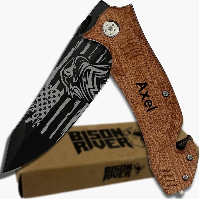 Personalized Pocket Knife for Men with Clip | Laser Engraved Patriotic Design Folding Utility Tactical Switchblade for Camping Hunting Rescue | Custom Birthday Gift for Dad Husband Groomsmen Gifts