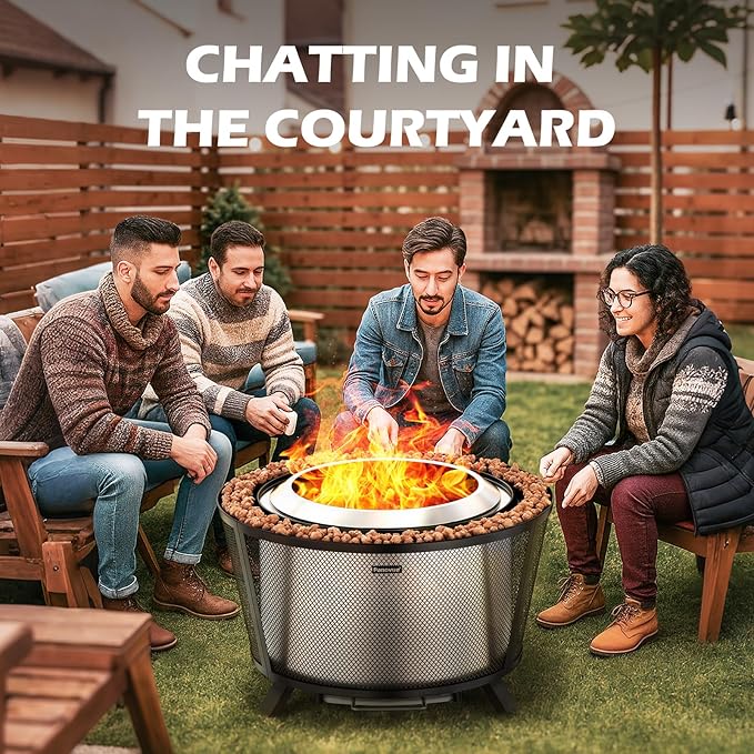 Panovue 29” Large Capacity Smokeless Fire Pit for OutsideHeavy‑Duty Wood Burning Firepit with Dual‑Wall Design Mesh Shield Pull‑Out Ash Pan Stylish Patio for Backyard Gatherings