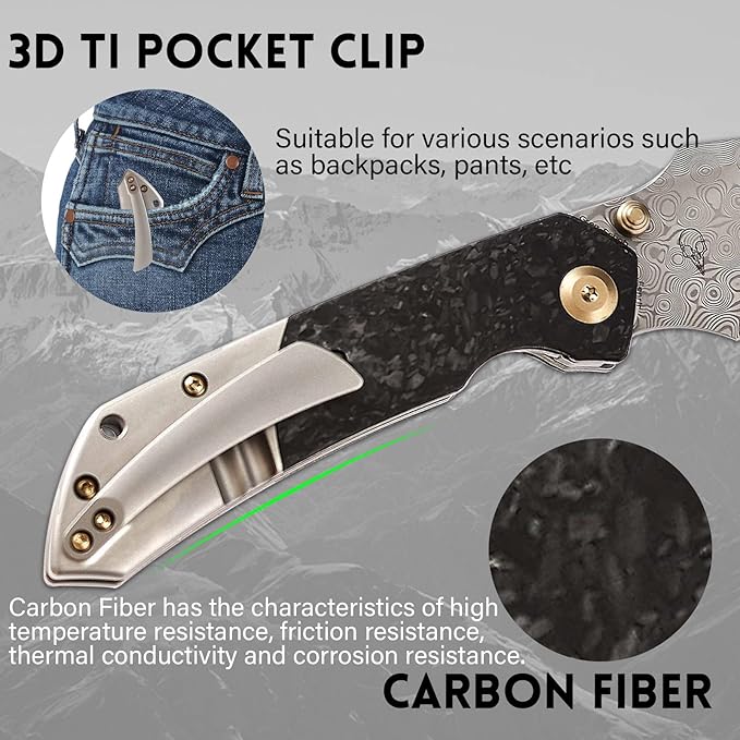 KANSEPT Fenrir Pocket Knife 3.48 Damascus Harpoon Blade Plain Titanium Handle Shred Carbon Fiber Inlay Thumb Stud &amp Liner Lock with Deep Clip EDC Knives for Camping Hunting Survival K1034B1
