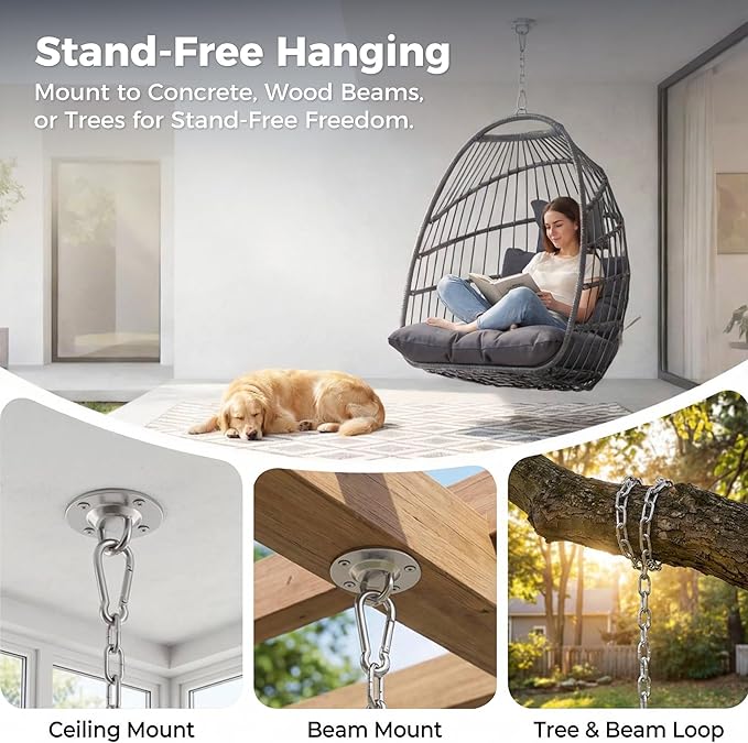 Nicesoul Patio Hanging Egg Chair No Stand Foldable Ceiling Egg Basket Chairs Without Stand Indoor Outdoor 350lbs Egg Shell Swing Hammock Chair with Cushion for Backyard Balcony Outside Dark Grey