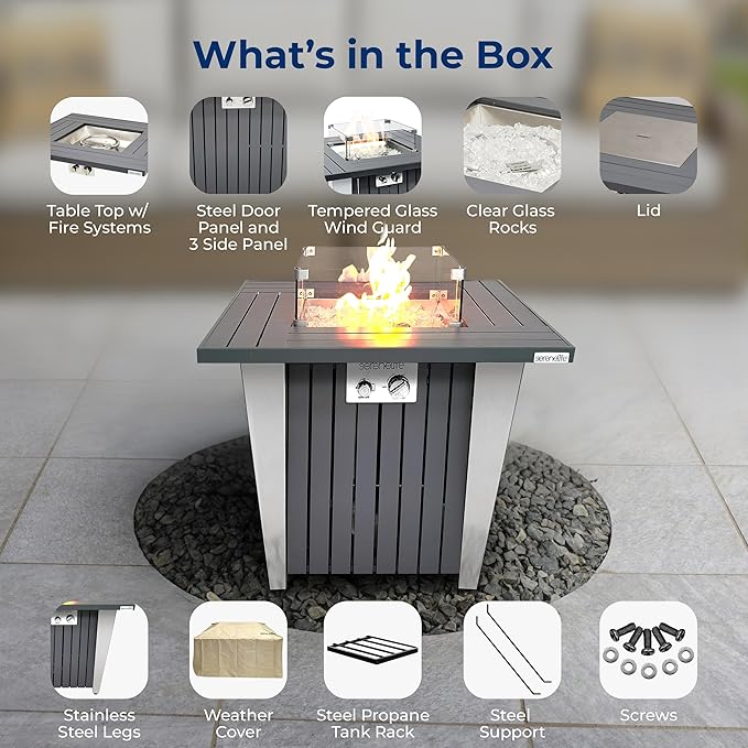SereneLife Propane Fire Pit Table 50000 BTU with Sturdy Metal Frame Stainless Steel Fire Pan Decorative Glass Rocks Weather Cover CSA Certified for Patio Backyard or Garden Use