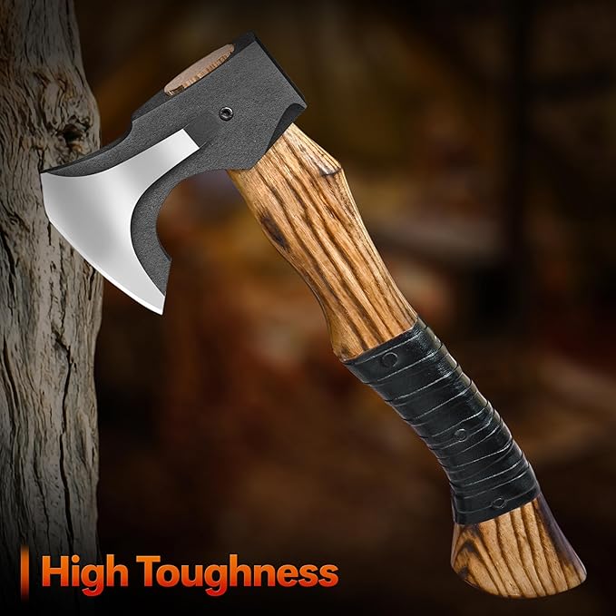 14” Hatchet Axe Camping Hatchet Hand Forged Axe with Sheath for Wood Chopping Splitting &amp Carving Bushcraft Axe with Ash Wood Handle for Outdoor &amp Survival