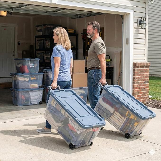 Storage Bins with Wheels 160 Quart 2 Pack Heavy Duty Clear Plastic Totes with Ergonomic Handle Non-Slip Latches Large Stackable Storage Containers for Home &amp Garage (Clear Blue)