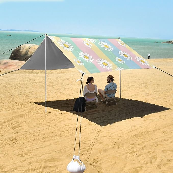 Daisy Beach Canopy Sun Shelter with Sandbags &amp Sand Shovel &amp Windproof Ropes - Portable 110x126 Beach Shade Beach Tent for Camping Picnics