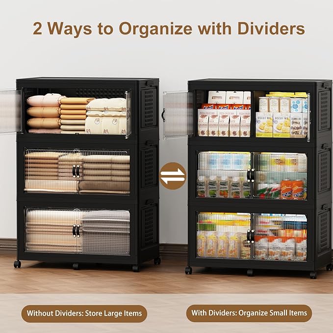 SAILUN 145Gal/579Qt Stackable Storage Bins Folding Collapsible Storage Bins with Lid Closet Organizers and Storage Box with Door Black 33.5 W x 19 D x 53 H