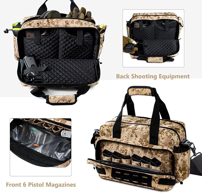 Tactical Pistol Range Bag for 3 Handguns Gun Range Bag with 6 Magazine Slots Lockable Zippers Ammo Storage MOLLE Handgun Case for Shooting Range Accessories