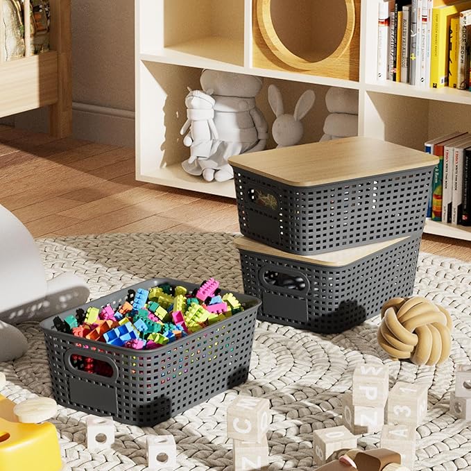 6Pcs Storage Bins with Lids Stackable Plastic Storage Basket with Bamboo Lid Pantry Organizer Box Small Containers for Organizing Shelves Drawer Desktop Closet Cabinet Office Classroom 10x7.1x4.1in