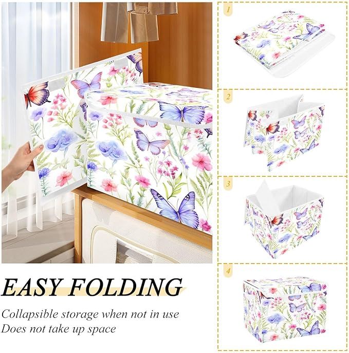 senya Baskets Collapsible Storage Bins with Lids Butterfly Pattern Spring Flowers Storage Boxes Clothes Baskets for Organizing B06D22020