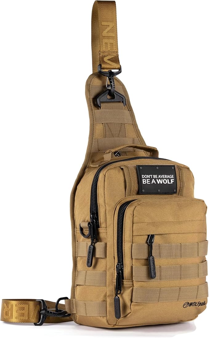 WOLFpak 9L Tactical Sling Bag (Khaki) | Concealed Carry CCW Backpack | Military Crossbody EDC Daypack Molle Chest Shoulder Pack for Hiking Travel Work |