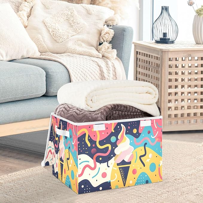 Storage Bins With Lid Stackable Fabric Closet Organizer Clothing Storage Large Boxes For Closet Shelves Bedroom Creative Ice Cream Art