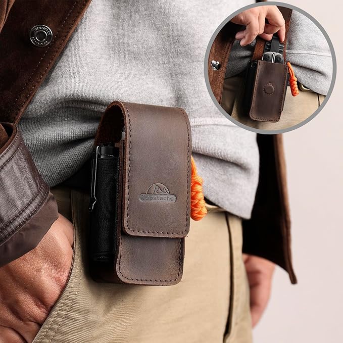 Topstache Multitool Sheath for Men - Belt Leather Multitool Holster - EDC Belt Organizer for Leatherman Gerber - Magnetic Closure Multitool Pouch Fits Folding Tool Darkbrown