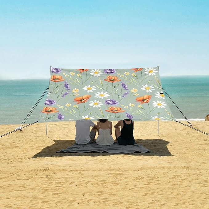 xigua Wildflowers Beach Tent Sun Shelter with Carrying Bag - Silver Coated Oxford Fabric Beach Canopy for Beach Camping Fishing - Includes Windproof Ropes Sandbags &amp Stakes