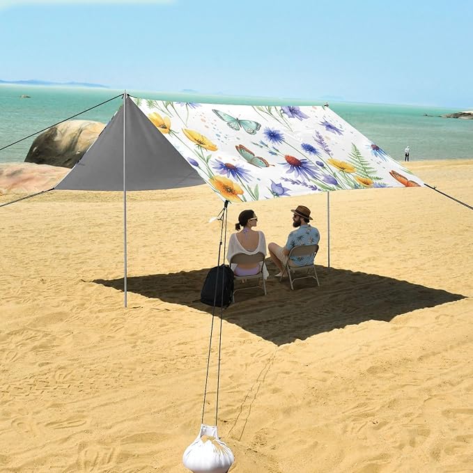xigua Wildflowers Beach Tent Sun Shelter with Carrying Bag - Silver Coated Oxford Fabric Beach Canopy for Beach Camping Fishing - Includes Windproof Ropes Sandbags &amp Stakes