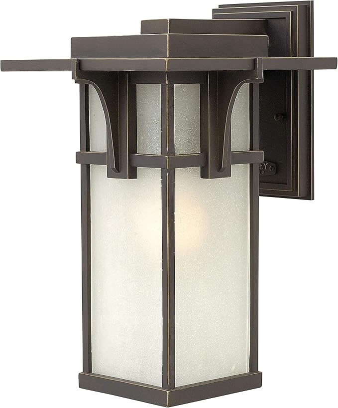 Hinkley Manhattan Single Light Outdoor Wall Mount Lantern Aluminum Etched Seedy Glass Panels Craftsman Style Oil Rubbed Bronze Finish