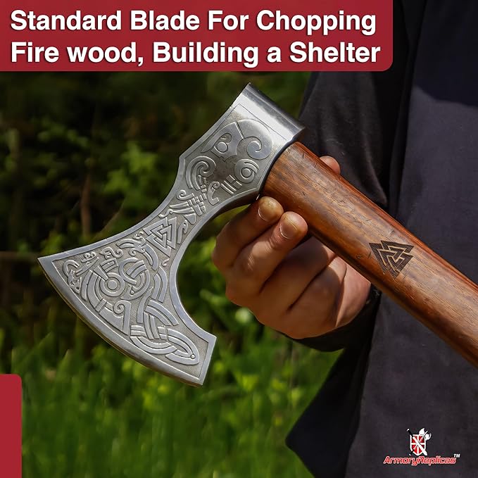 Hand-Forged Viking Battle Axe – Carbon Steel Blade with Draugr Etchings Handle Valknut Engraving Perfect for Collectors and Norse Mythology Enthusiasts