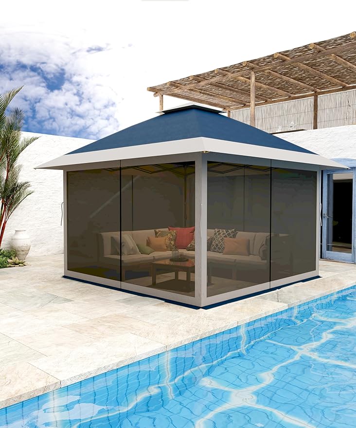 12' x 12' Outdoor Gazebo Heavy Duty Double Roof Patio Gazebo with Netting and Curtains Outdoor Patio Canopy for Deck Backyard Garden Lawns Blue &amp Gray