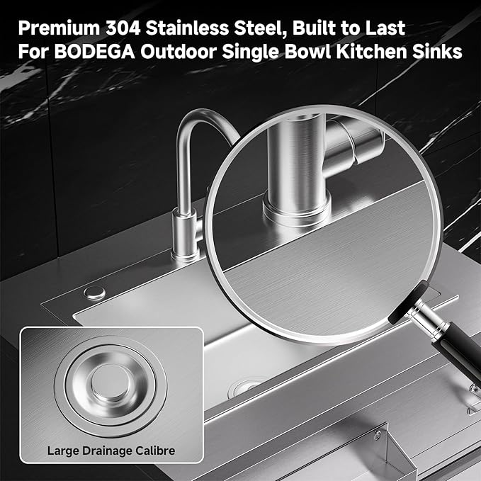 BODEGA Stainless Steel Outdoor Kitchen Sink Cabinet Outdoor Sink With Hose Hook UpSingle Bowl Kitchen Sinks With Brake Wheels &amp Spice Rac All-Weather Use Mobile Prep Station for BBQ Camping