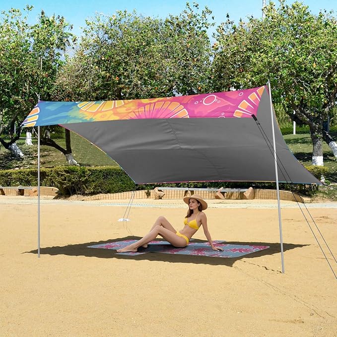 Darkorchid Tie Dye Background Rainbow Colors Tie-dye Pattern Beach Tent UPF50 Easy Setup Shade Sun Shelter with Sandbags &amp Sand Shovel for Camping Picnics Backyard &amp Fishing