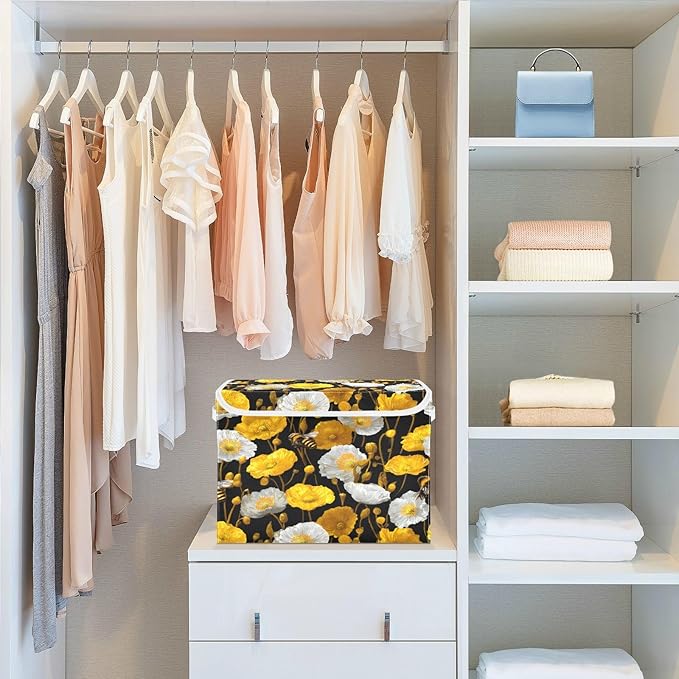 Storage Bins With Lid Stackable Fabric Closet Organizer Clothing Storage Large Boxes For Closet Shelves Bedroom Black Bees and Poppies