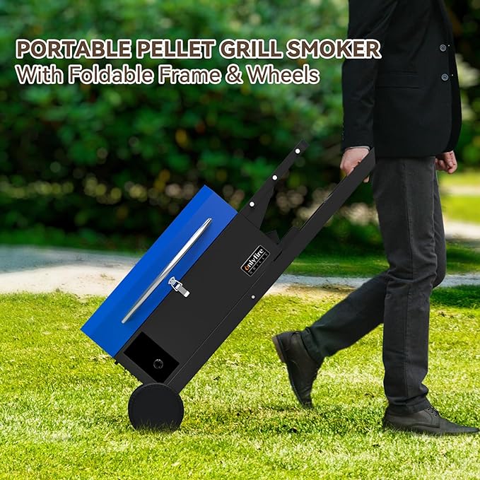 BBQ Wood Pellet Grill Smoker with Foldable Cart Meat Probe 2 Tiers Cooking Area Portable Smoking Grilling Stove for Outdoor Patio Cooking RV Camping Tailgating Blue GS342