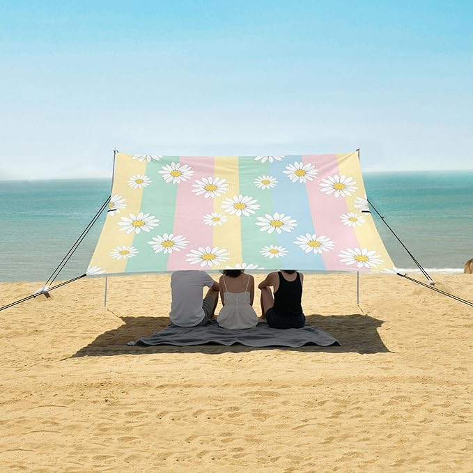 Daisy Beach Canopy Sun Shelter with Sandbags &amp Sand Shovel &amp Windproof Ropes - Portable 110x126 Beach Shade Beach Tent for Camping Picnics