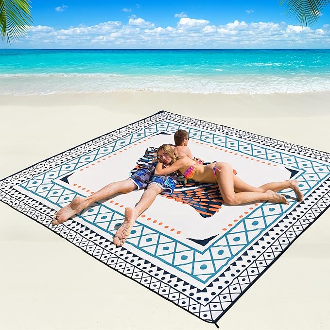 Beach Blanket Waterproof Sandproof Beach Mat 79 X 83/10'x9'for 2-8 Adults Quick Drying Outdoor Picnic Mat Beach Accessories for Travel Camping Hiking