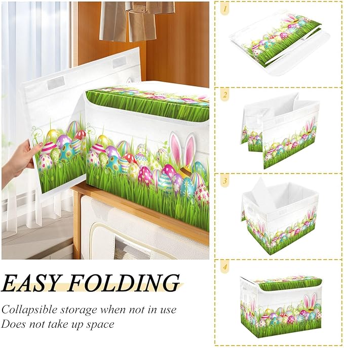 Storage Bins with Lids and HandlesEaster Eggs Grass Storage Box Storage Basket with Cover Collapsible Organizer Containers for Home Closet Shelves