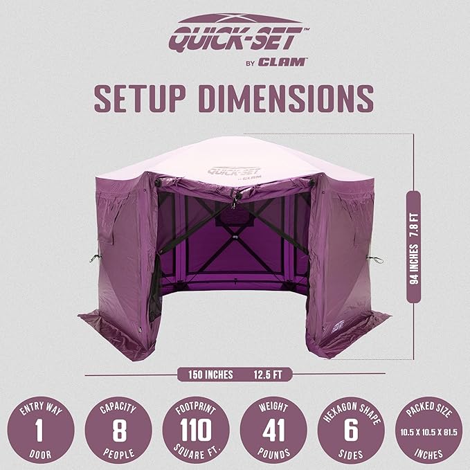 Clam Pavilion 12.5' Pop-Up Screen Tent – Plum Outdoor Camping Gazebo Canopy with Wind Panels Mesh Netting &amp Carry Bag – 6-Sided Portable Shelter for 8 People – Fast Setup Patio or Event Tent