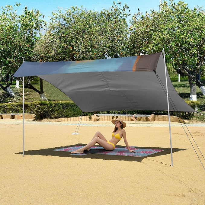 xigua Cowboy Beach Tent Sun Shelter with Carrying Bag - Silver Coated Oxford Fabric Beach Canopy for Beach Camping Fishing - Includes Windproof Ropes Sandbags &amp Stakes