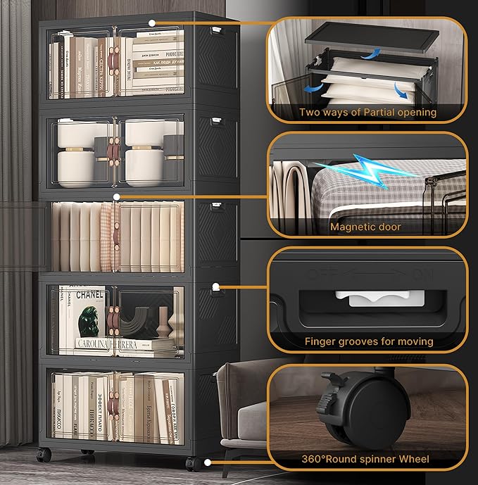 UAMFURI Extra Large Stackable Storage Bins with Lids &amp Wheels Foldable Collapsible Closet Organizers Dark Storage Cabinet with Doors for Bedroom Dorm
