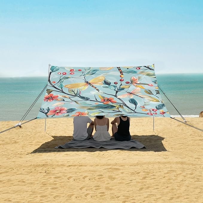 ALAZA Funny Dragonfly Red Floral Beach Tent Sun Shelter Portable Canopy Sunshade for Outdoor Camping Picnics Backyard Fun 10x9 ft