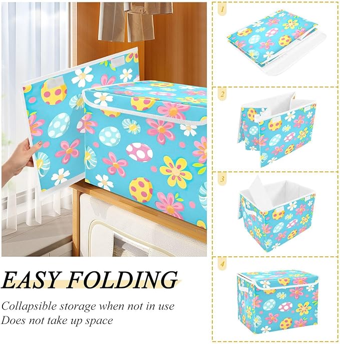 Christmas Storage Baskets with Lids Cute Flowers and Eggs Collapsible Bins Stackable Fabric Linen Baskets Closet Organizer Container 16.5x12.6x11.8