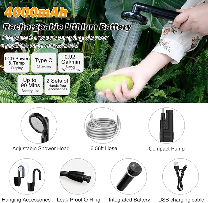 Portable Camping Shower with Digital Display 3-in-1 Outdoor Shower Pump for Camping Beach Pet Washing | Lightweight (1.6lbs) Rechargeable &amp Waterproof