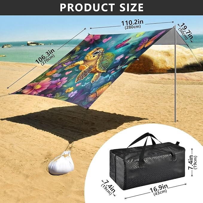 ALAZA Turtle Butterfly Beach Tent Sun Shelter UPF50+ Protection Beach Shade Canopy w/ 4 Sandbags for Outdoor Camping Fishing Backyard Fun Picnic 10x9 ft