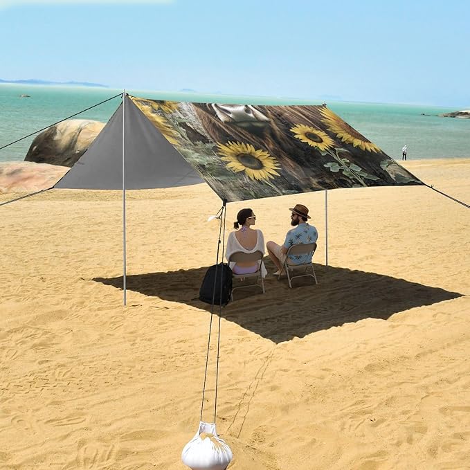ALAZA Highland Cattle Sunflower Retro Beach Tent Sun Shelter Portable Canopy Sunshade for Outdoor Camping Picnics Backyard Fun 10x9 ft