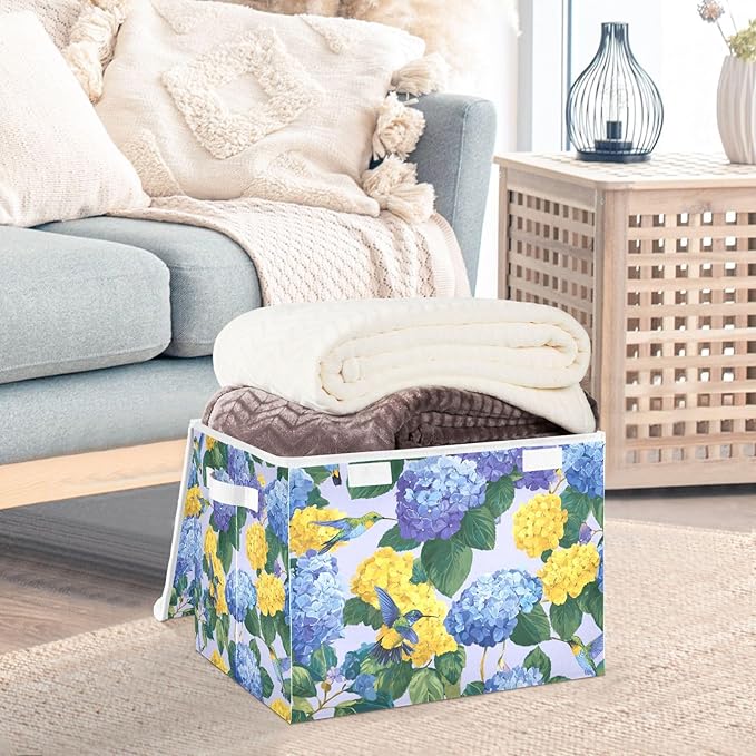 Storage Bins with Lids Storage Containers Box Organizer Bin Basket with Handles for Closet Shelves Clothes Stackable Foldable Decorative Blue Hydrangeas Hummingbirds