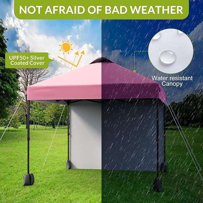 10x10ft Pop Up Canopy Tent with SidewallOutdoor Freestanding Sun Shelter Picnic and CampingInstant Shade Tent with Vented Roof for Beach &amp Events - Includes Storage BagSandbagsStakes&ampRopes